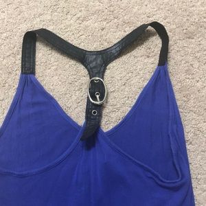 Blue tank top with faux leather straps